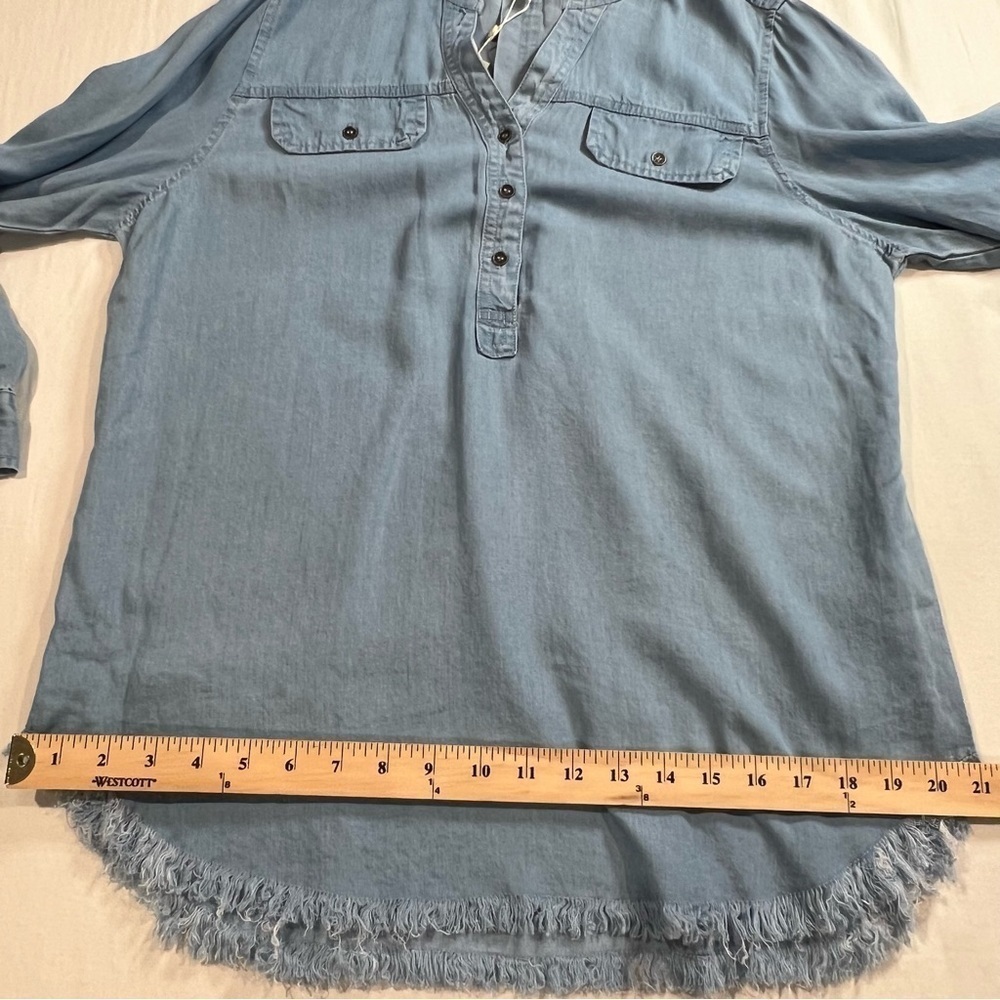 Hester & Orchard Women’s Shirt Tencel Button Slit Neck Blue Fringe Hem Small - Picture 14 of 16